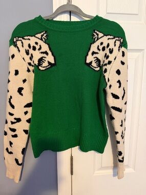 SHEIN Green Crewneck Sweater with Cream & Black Animal-Print Sleeves